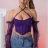 Frill Detail Cowl Neck Crop Top In Violet