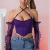 Frill Detail Cowl Neck Crop Top In Violet