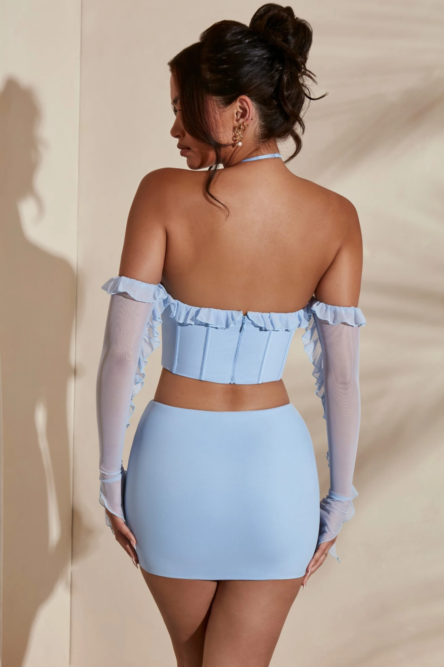 Long Sleeve Cowl Neck Corset Crop Top In Light Blue - Image 2