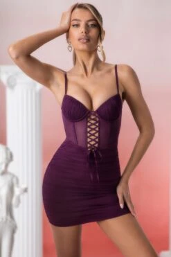 Lace Up Mini Dress In Wine