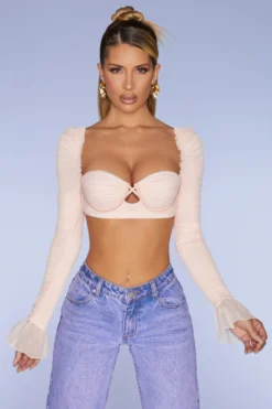 Long Sleeve Ruched Crop Top In Blush