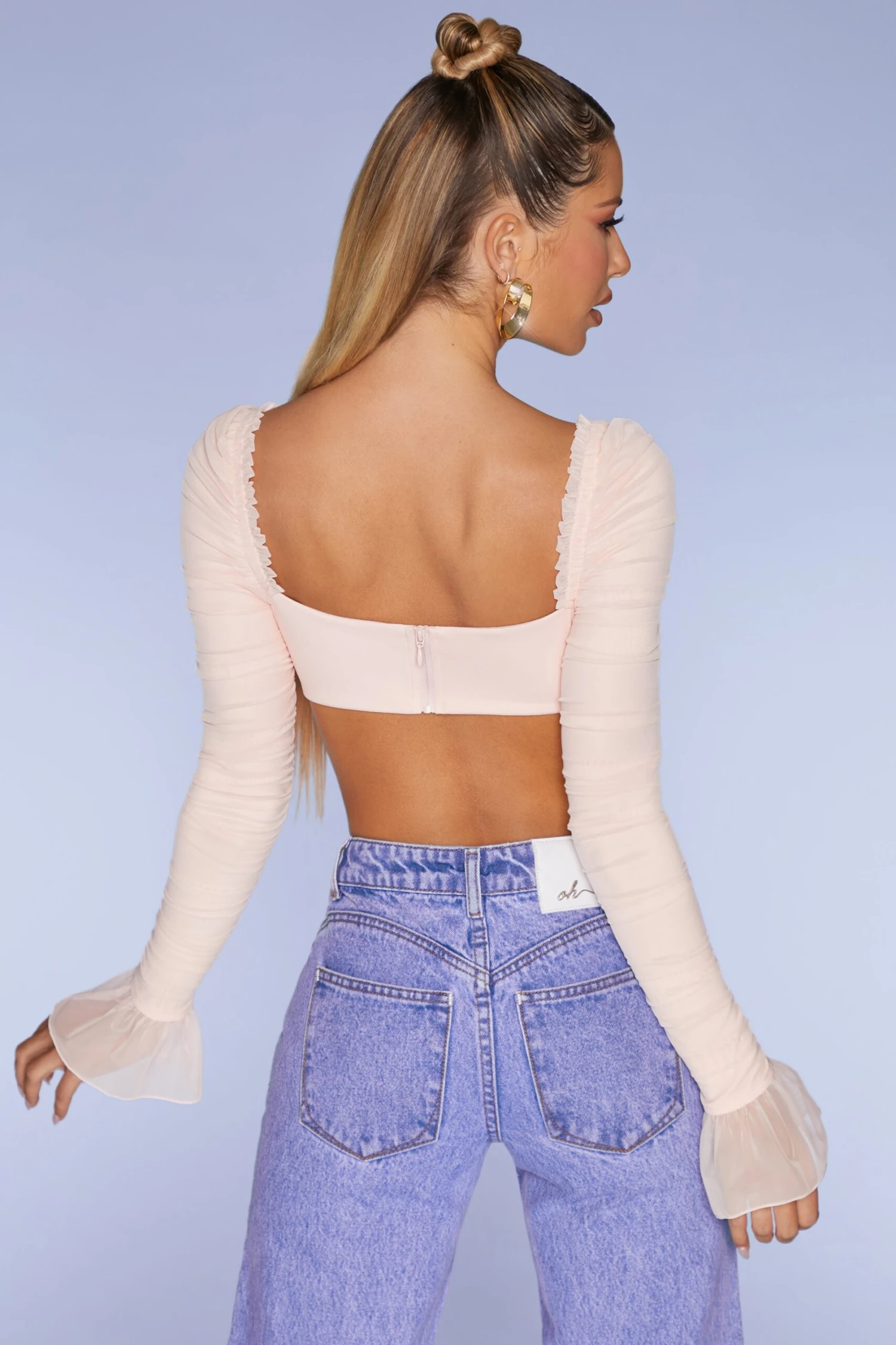 Long Sleeve Ruched Crop Top In Blush - Image 2