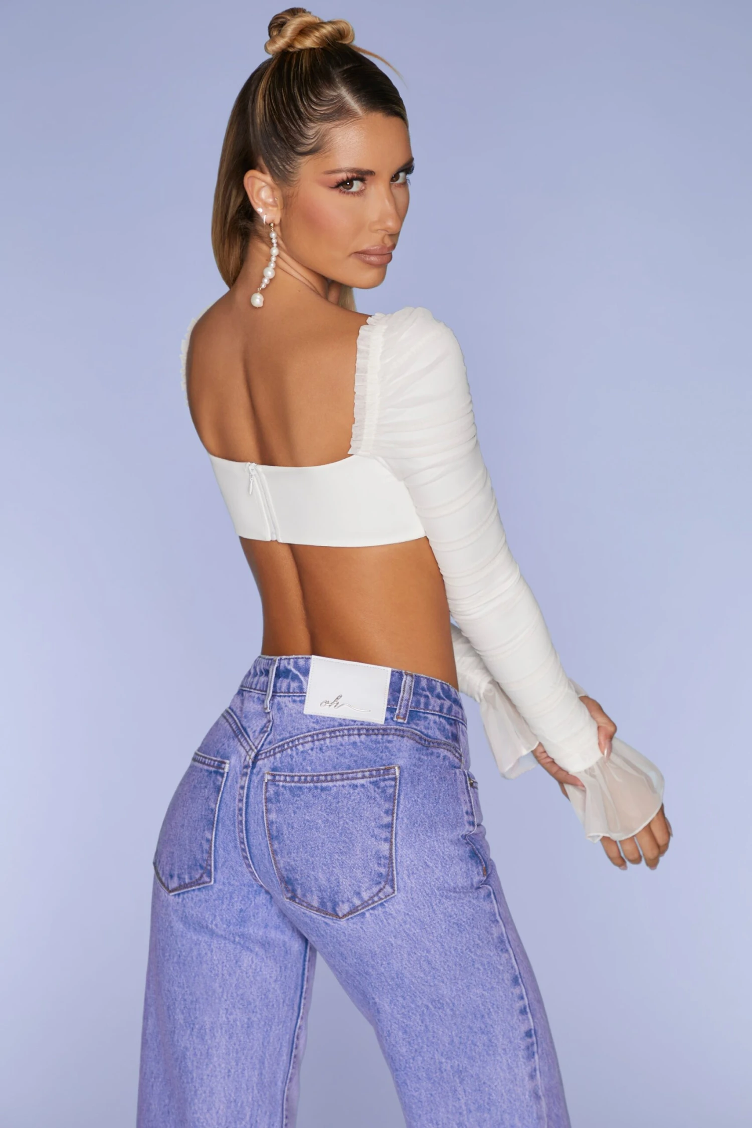 Long Sleeve Ruched Crop Top In Ivory - Image 7