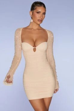 Embellished Long Sleeve Mini Dress In Sand