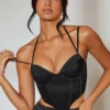 Dual Strap Corset Crop Top In Black