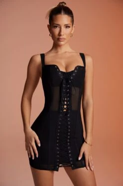 Lace Up Corset Mini Dress In Black