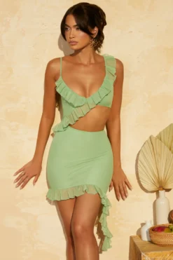 Ruffle Trim Asymmetric Dress In Green