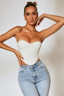 Mesh Overlay Corset Top In Ivory