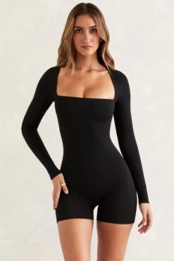 Long Sleeve Square Neck Unitard In Black