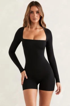 Long Sleeve Square Neck Unitard In Black