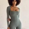 Long Sleeve Square Neck Unitard In Green