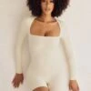 Long Sleeve Square Neck Unitard In Ivory