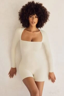 Long Sleeve Square Neck Unitard In Ivory