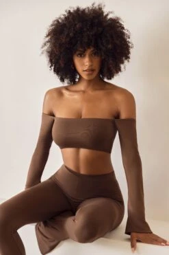 Long Sleeve Bardot Crop Top In Brown
