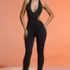 Petite Plunge Neck Cut Out Jumpsuit In Black