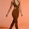 Plunge Neck Cut Out Jumpsuit In Brown