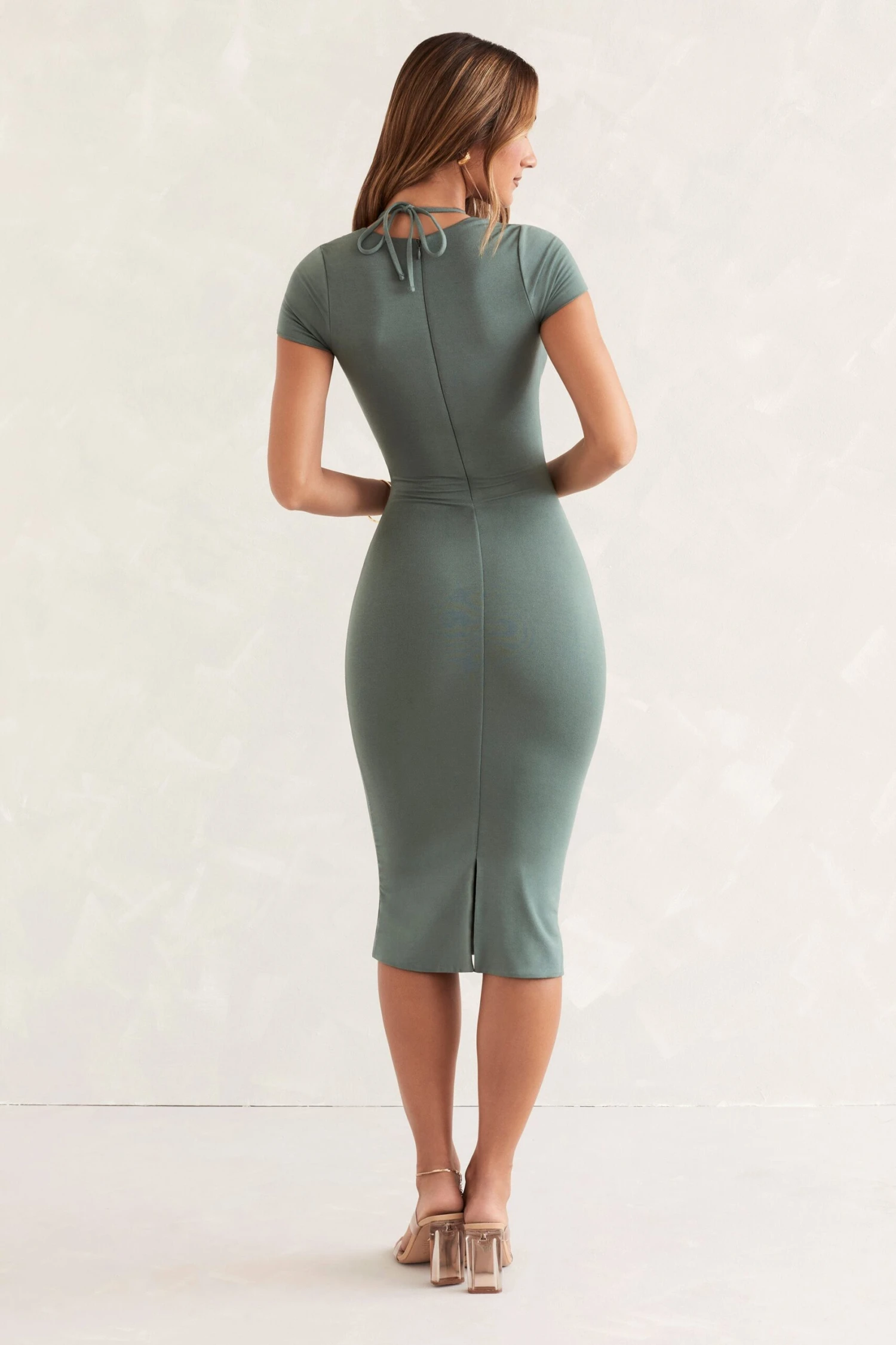 Cap Sleeve Cut Out Midi Dress In Green - Image 2