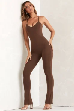 Scoop Neck Backless Jumpsuit In Brown
