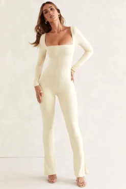 Long Sleeve Square Neck Jumpsuit In Ivory