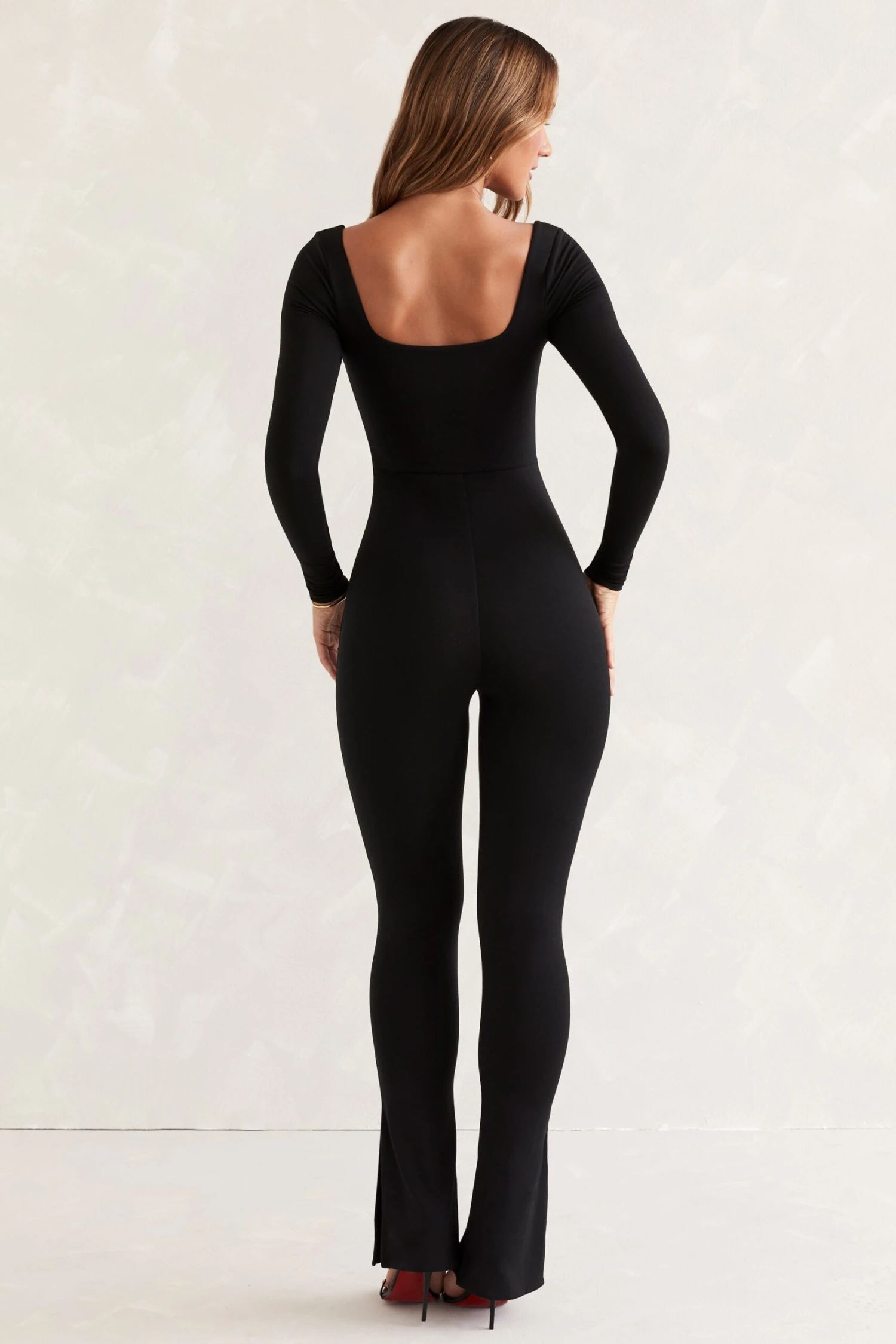 Long Sleeve Square Neck Jumpsuit In Black - Image 2