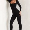 Long Sleeve Square Neck Jumpsuit In Black