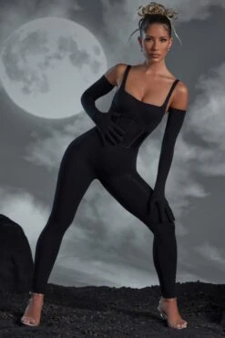 Square Neckline Jumpsuit With Gloves In Black