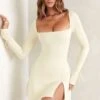 Square Neck Long Sleeve Mini Dress In Ivory