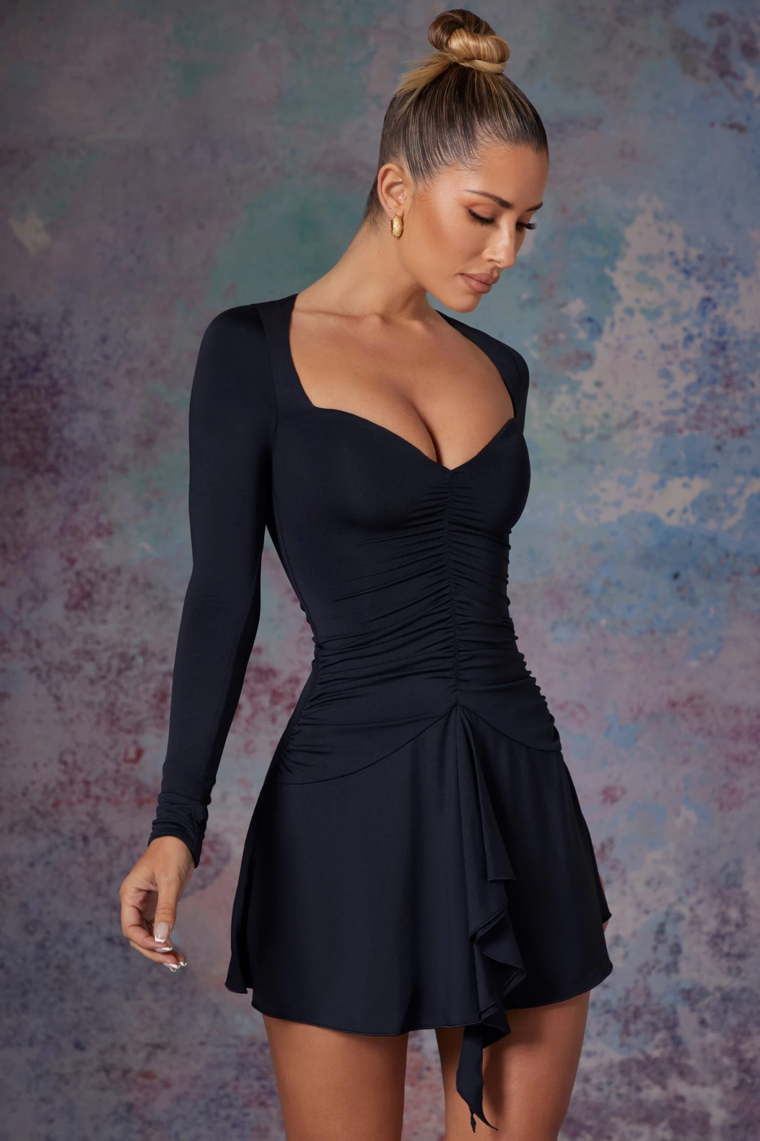 Long Sleeve Waterfall Skirt Mini Dress In Midnight Black - Image 6