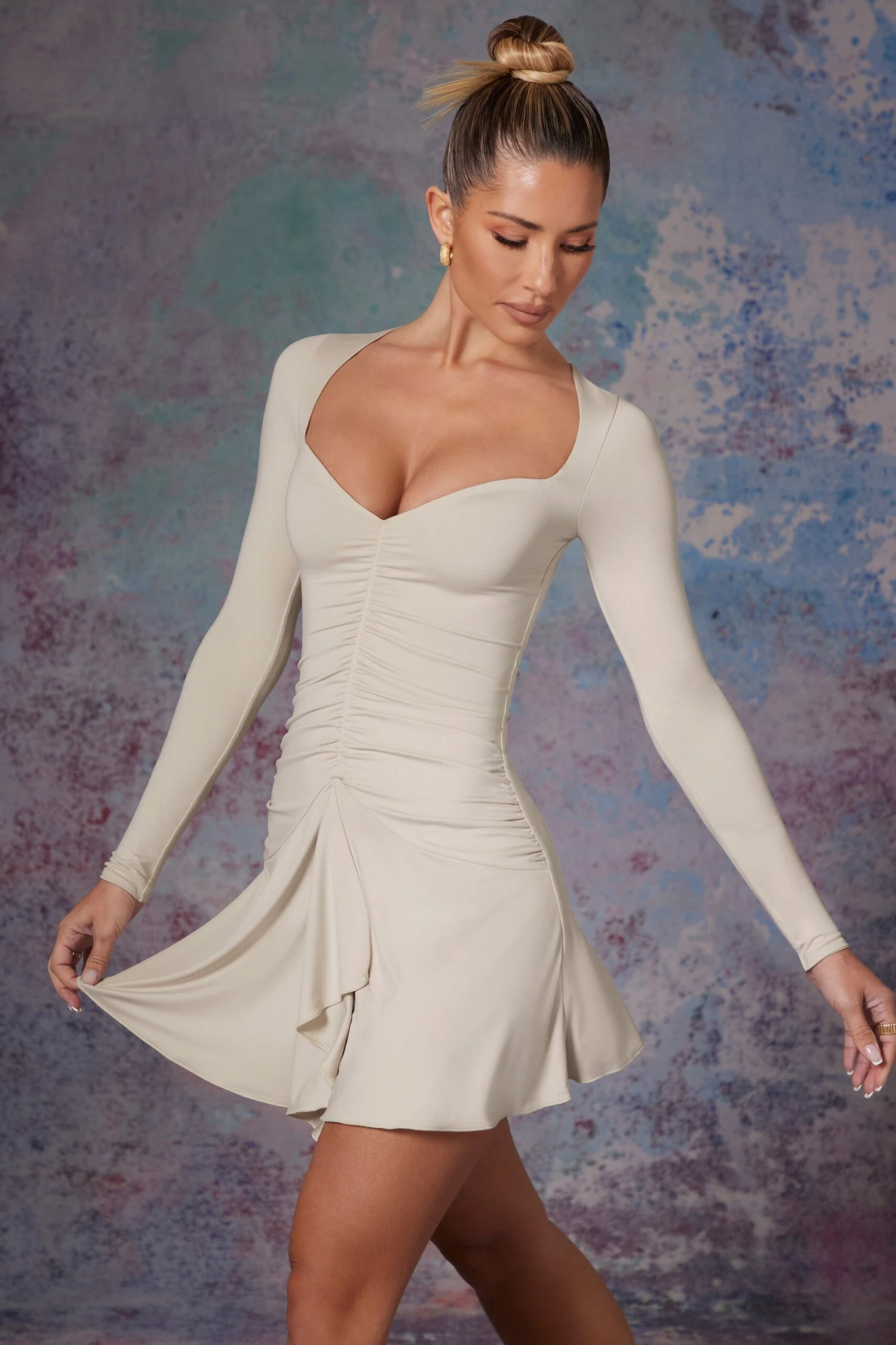 Long Sleeve Waterfall Skirt Mini Dress In Stone - Image 7