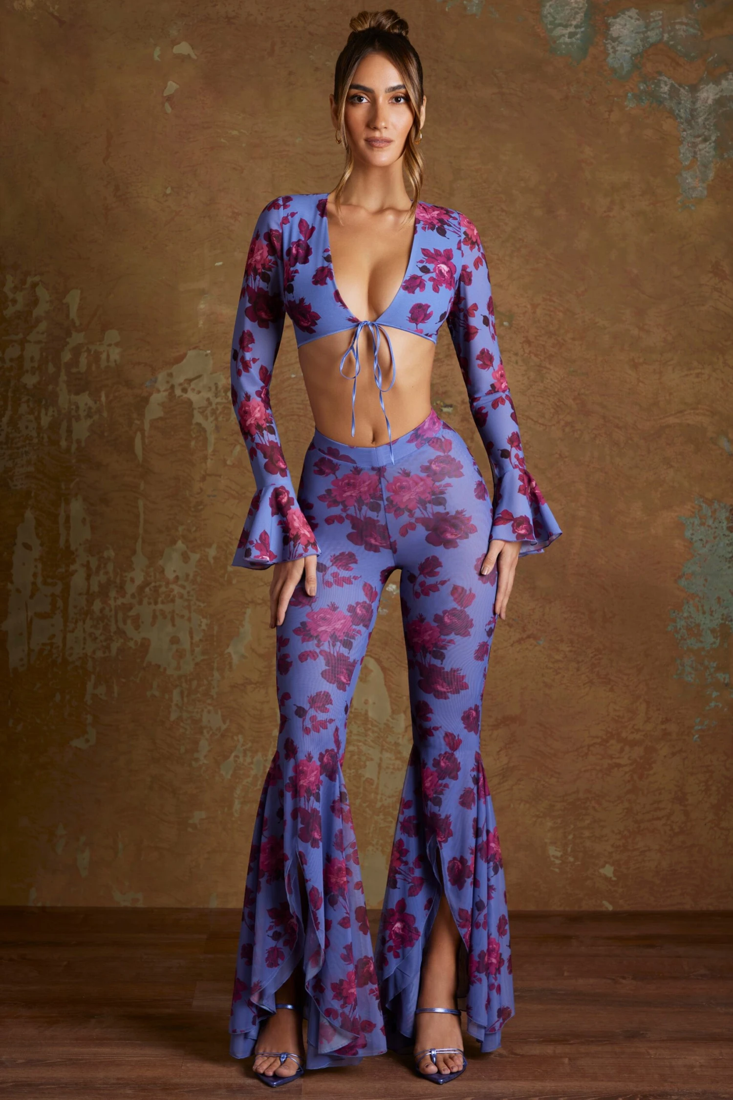 Split Flare Ruffle Trousers In Periwinkle Print - Image 6