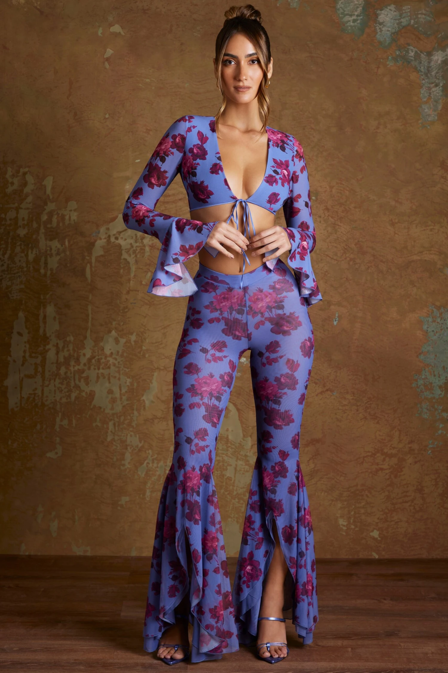 Split Flare Ruffle Trousers In Periwinkle Print