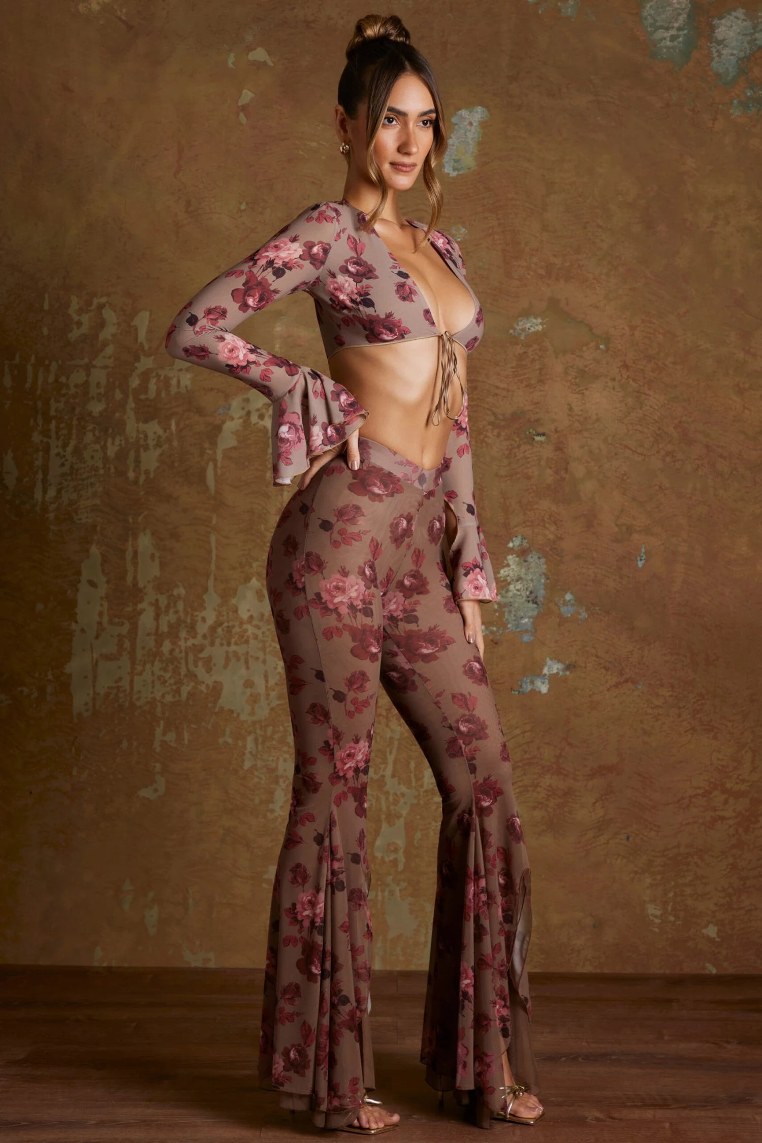 Split Flare Ruffle Trousers In Beige Print - Image 3