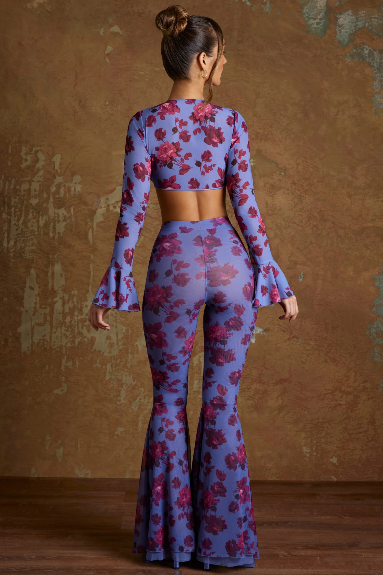 Split Flare Ruffle Trousers In Periwinkle Print - Image 2