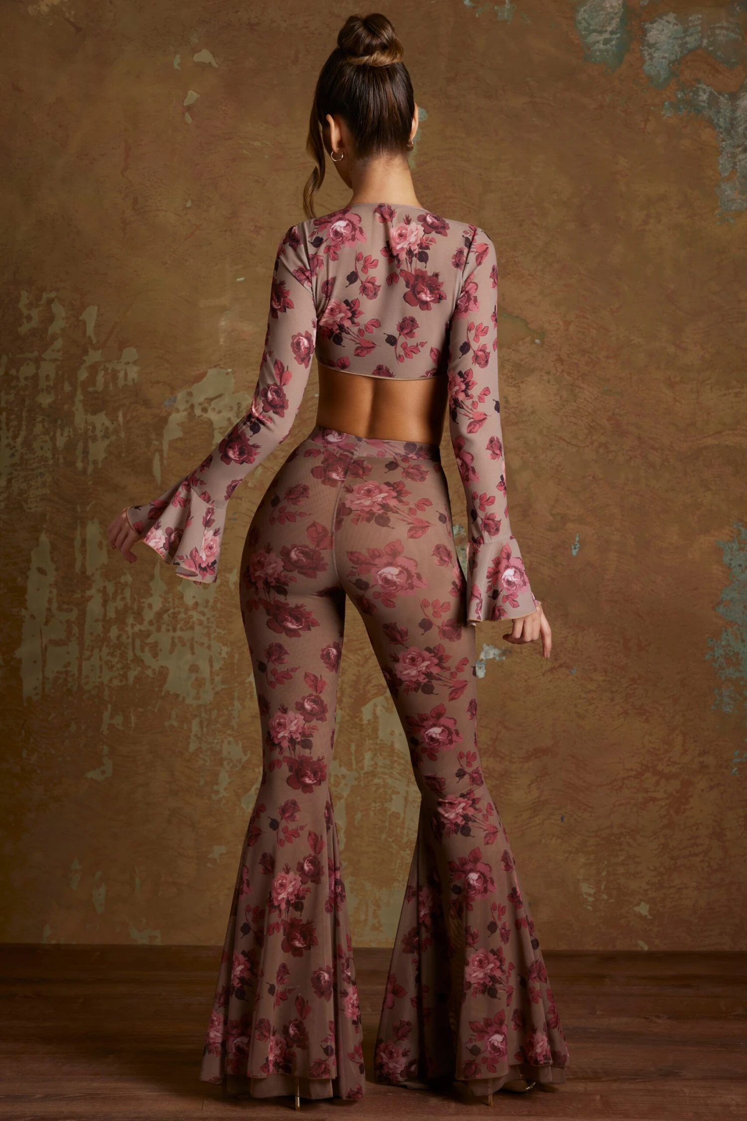 Split Flare Ruffle Trousers In Beige Print - Image 2