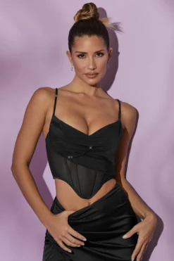 Cowl Neck Corset Crop Top In Black