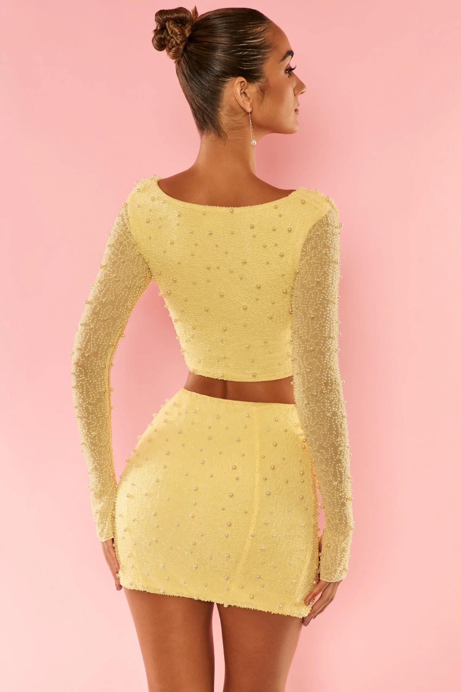 Long Sleeve Deep Plunge Crop Top In Yellow - Image 2