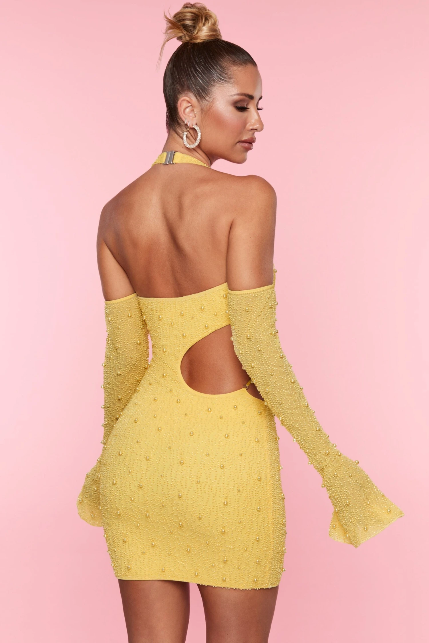 Embellished Cold Shoulder Cut Out Mini Dress In Yellow - Image 2