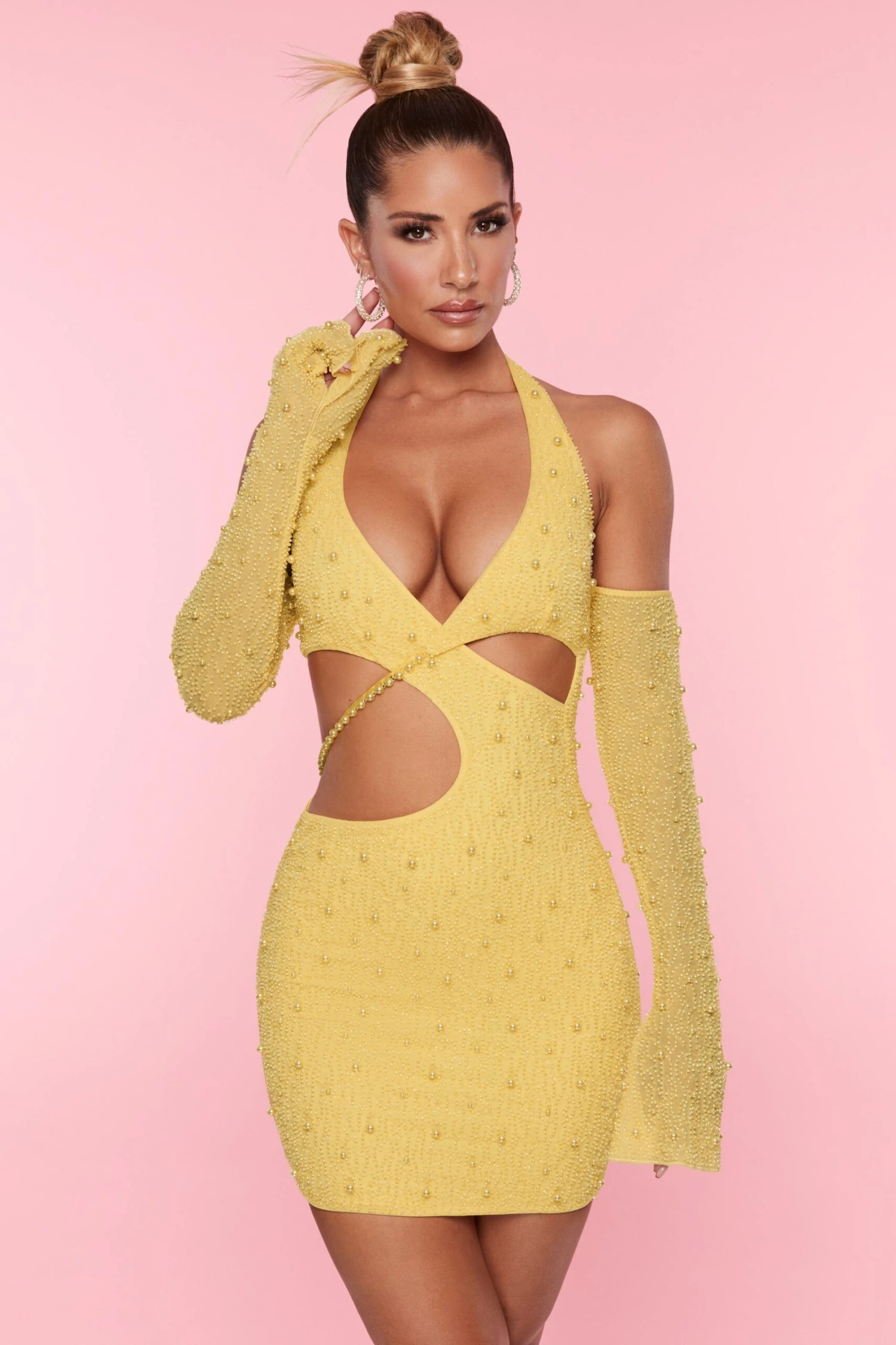 Embellished Cold Shoulder Cut Out Mini Dress In Yellow - Image 6