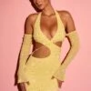 Embellished Cold Shoulder Cut Out Mini Dress In Yellow