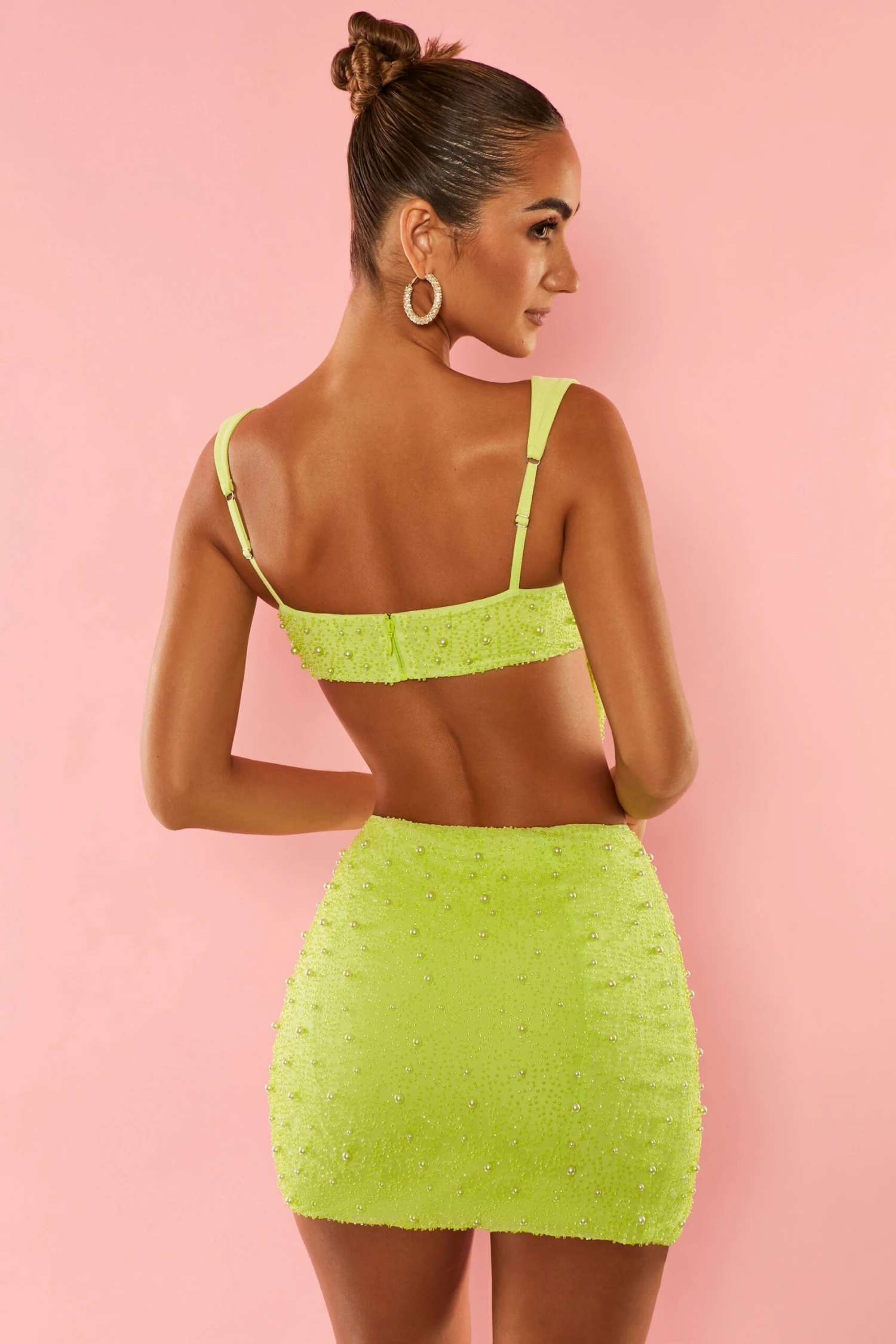 High Waist Thigh Split Mini Skirt In Lime - Image 2