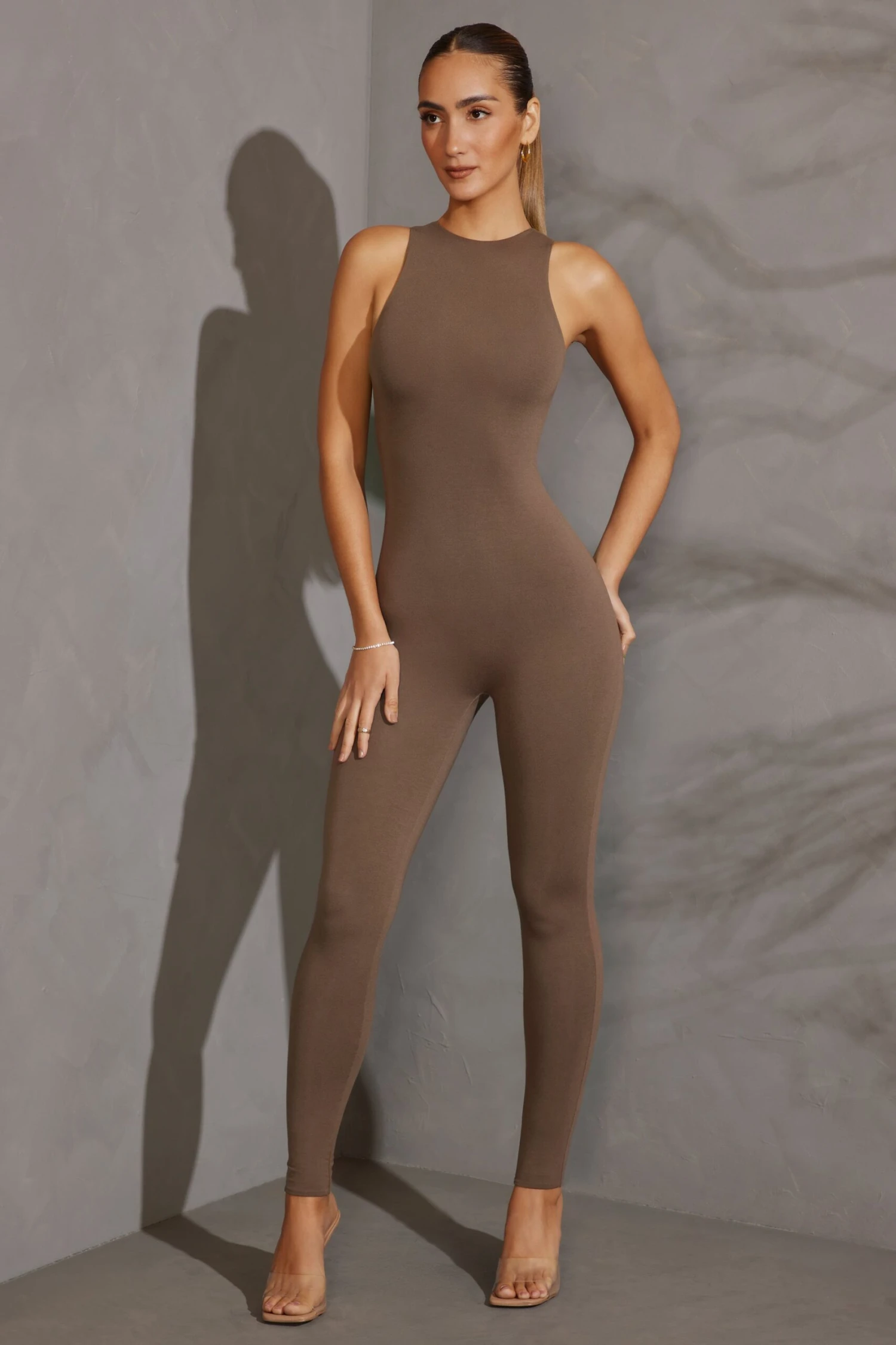 Racer Neck Jumpsuit In Taupe - Image 5