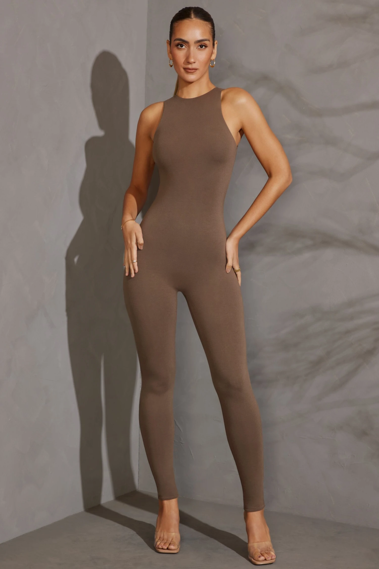 Racer Neck Jumpsuit In Taupe - Image 7