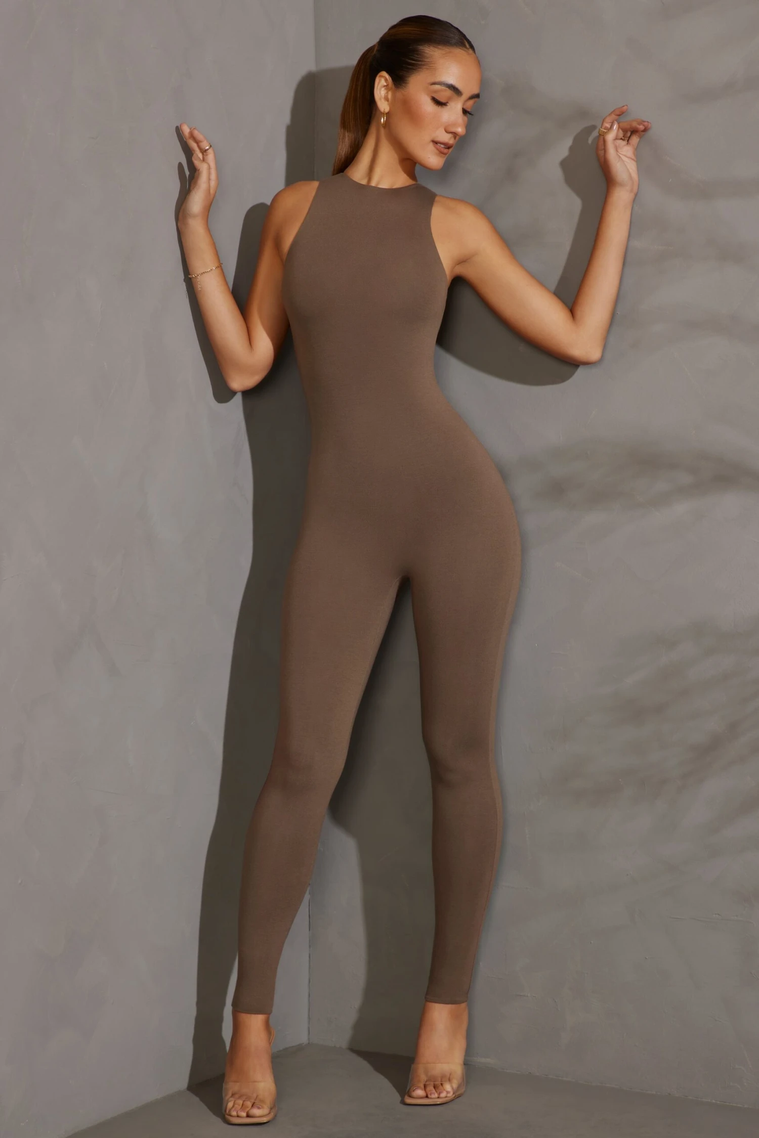 Racer Neck Jumpsuit In Taupe