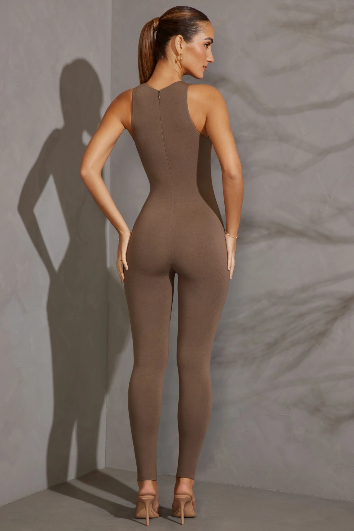 Racer Neck Jumpsuit In Taupe - Image 2