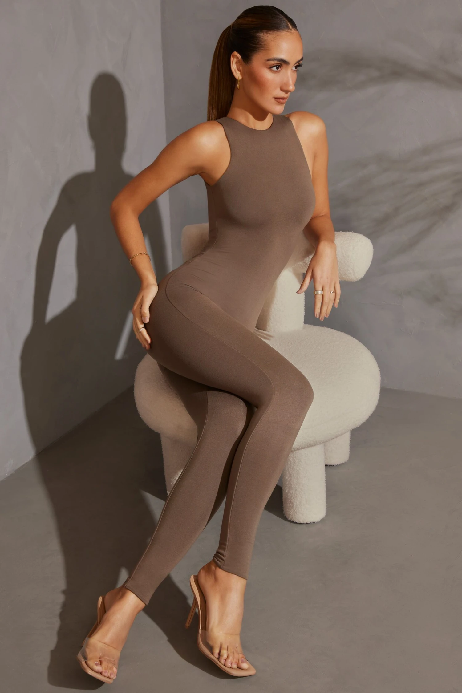 Racer Neck Jumpsuit In Taupe - Image 4