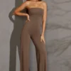 Bandeau Wide Leg Jumpsuit In Taupe