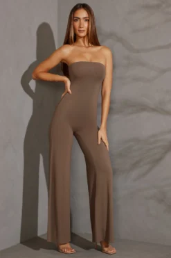 Bandeau Wide Leg Jumpsuit In Taupe