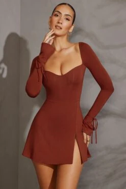 Long Sleeve A-Line Mini Dress In Brick
