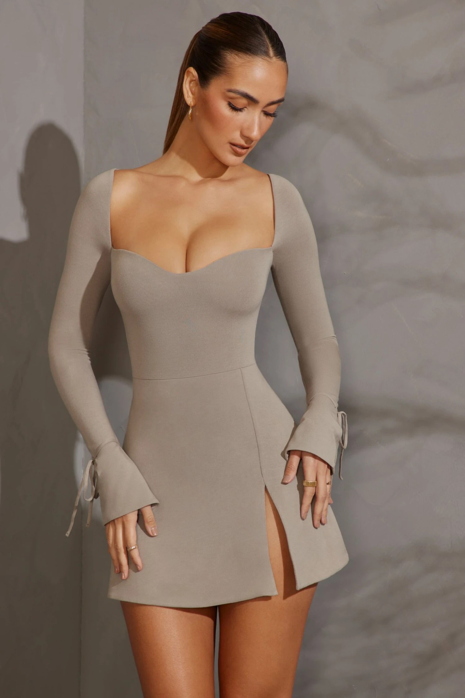 Long Sleeve A-Line Mini Dress In Grey - Image 7