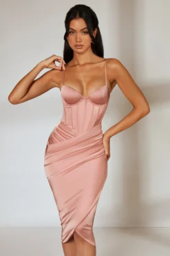 Draped Skirt Corset Midi Dress In Blush